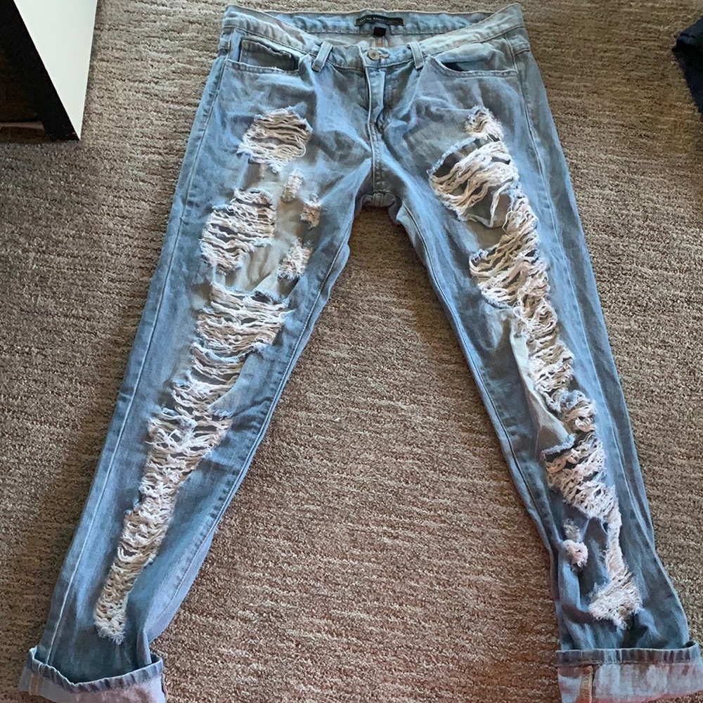 Fling Monkey distressed boyfriend cropped denim